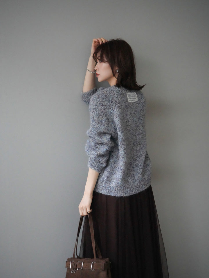 [SET]ロゴラベルミックスヤーンニットプルオーバー+チュールボリュームスカート(2set)