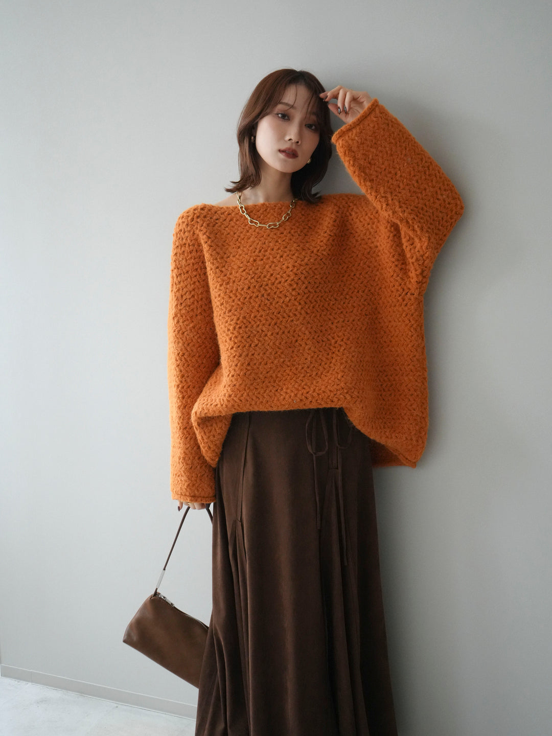 [予約]ワッフル編みオーバーニットプルオーバー/mustard