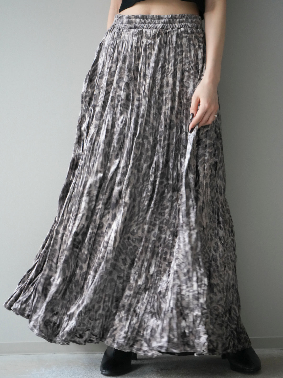 [予約]レオパードベロアワッシャーロングスカート/gray