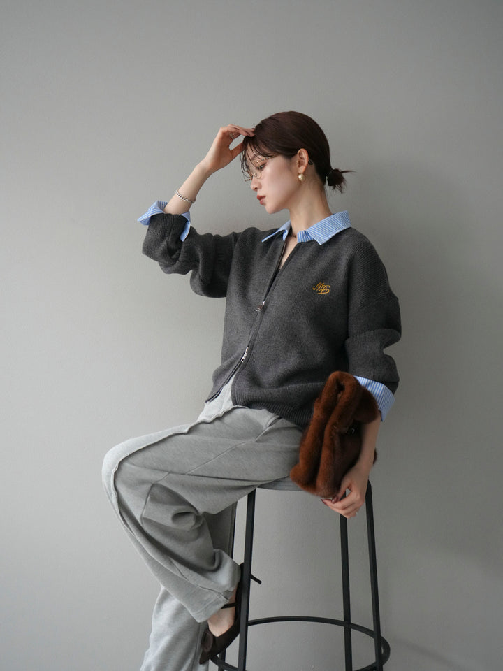 [予約]ストライプシャツレイヤードZIPニットカーディガン/darkgray