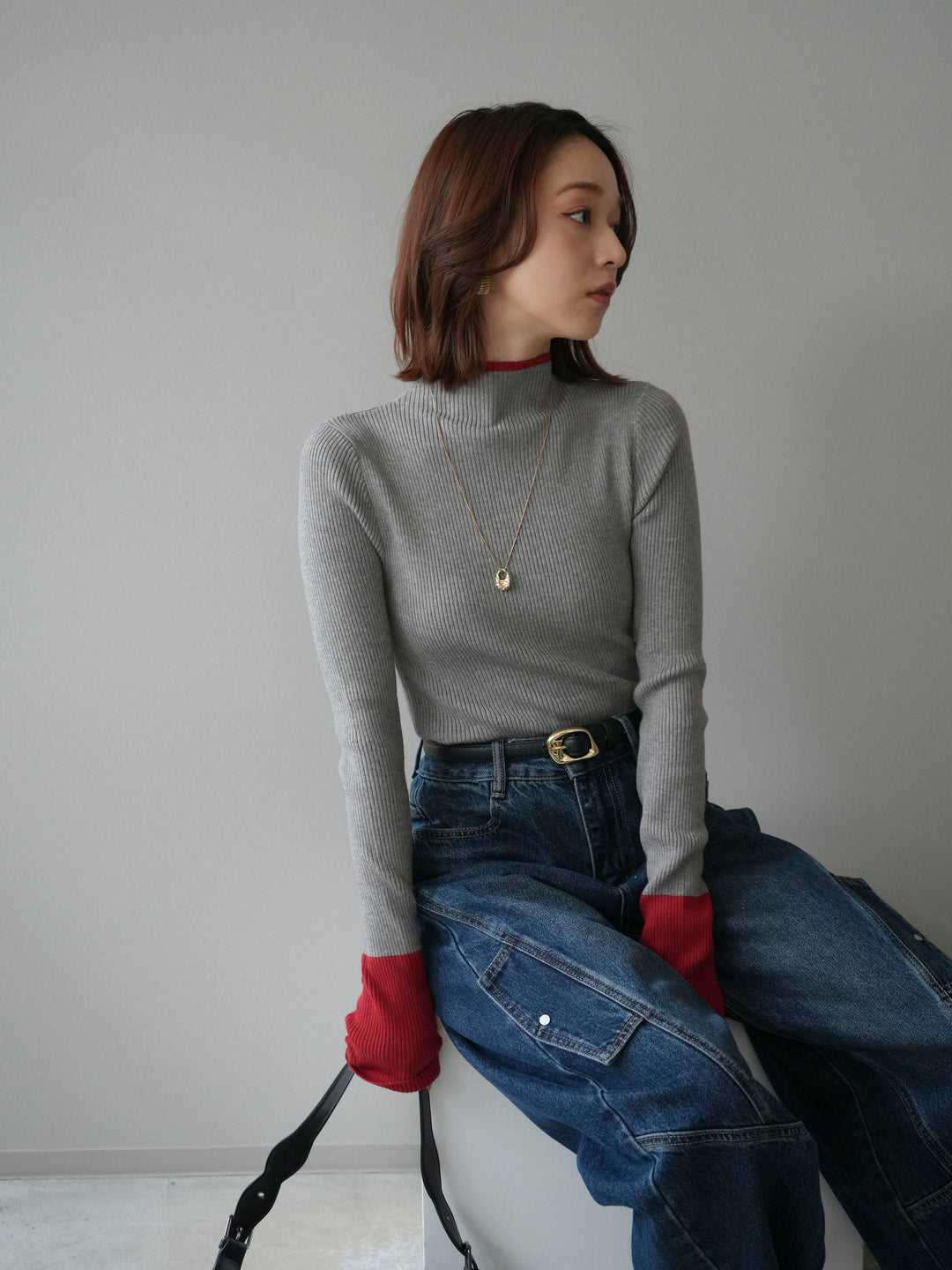 [SET]袖ボタンハイネック配色リブニットトップス+袖ボタンハイネック配色リブニットトップス(2set)