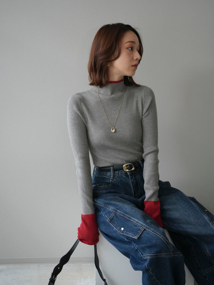 [SET]袖ボタンハイネック配色リブニットトップス+袖ボタンハイネック配色リブニットトップス(2set)