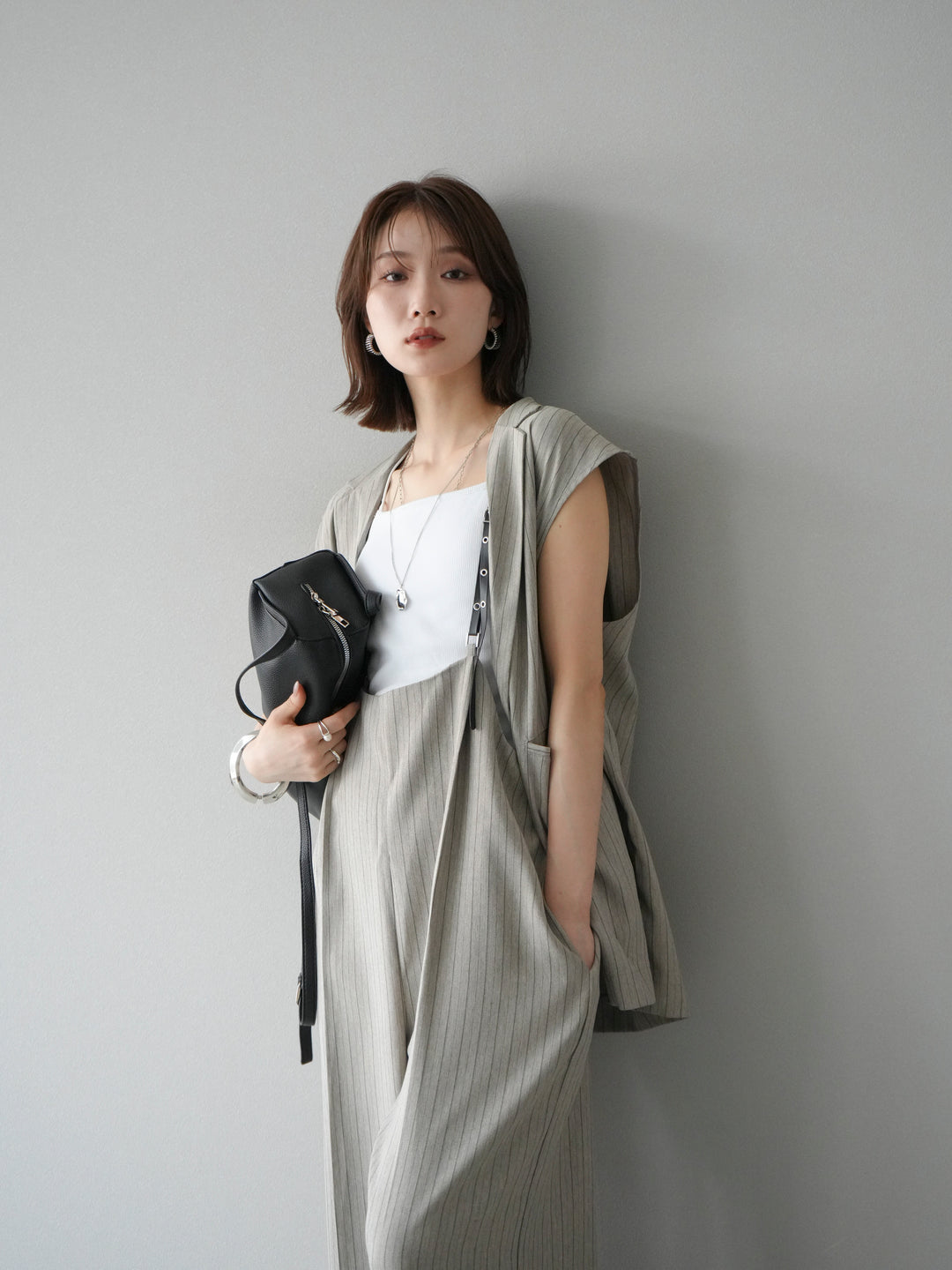 [SET]ヘリンボーンストライプジレ+ヘリンボーンストライプサロペット(2set)