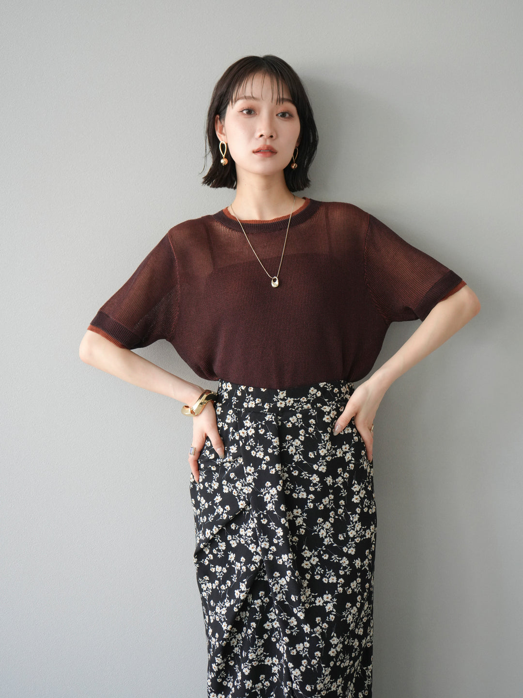 [SET]リネンタッチ配色二重臼ハーフニットトップス+選べるアソート柄スカートセット(2set)