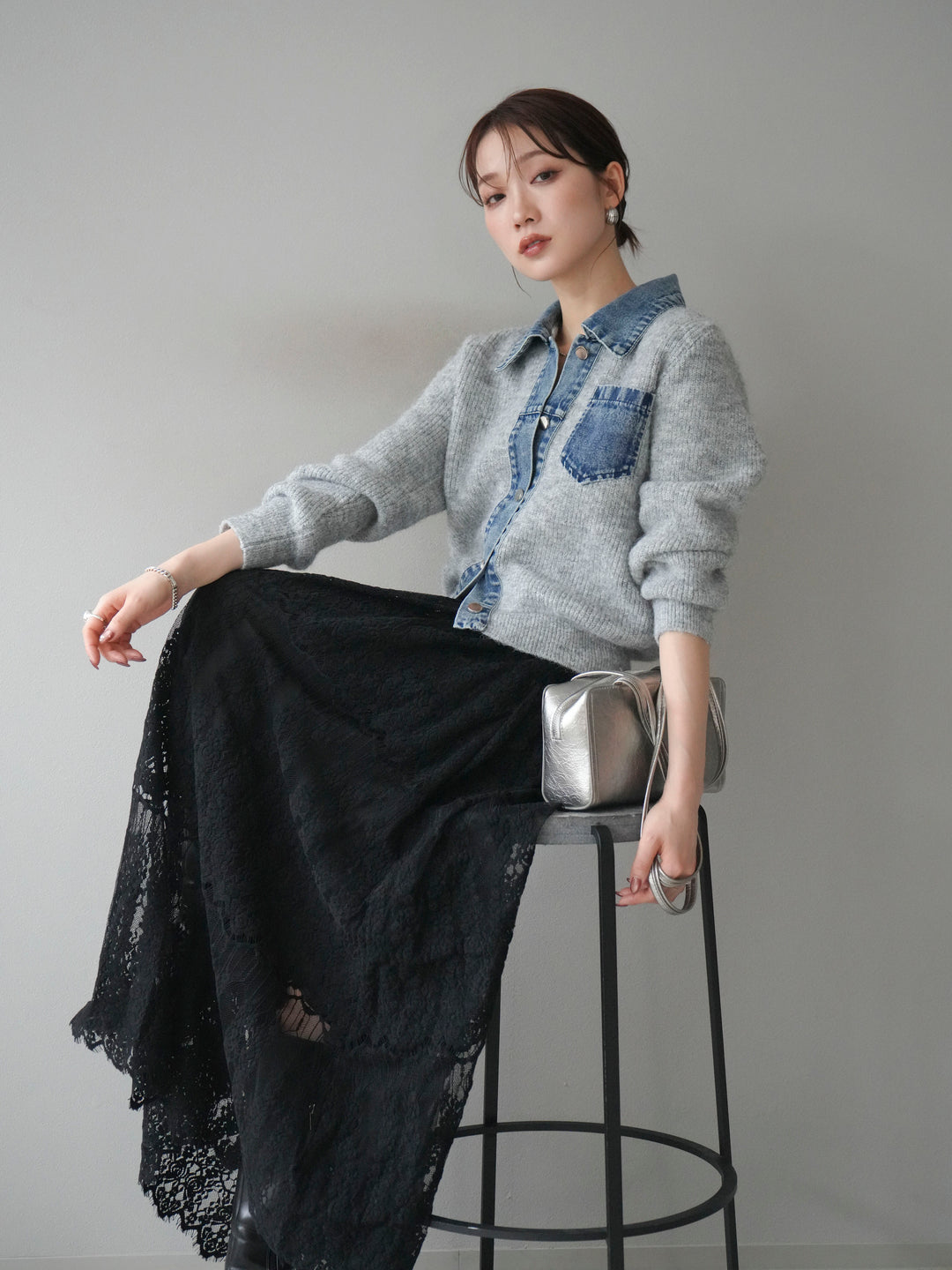 [予約]デニム襟ポケットニットカーディガン/gray