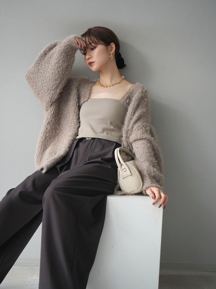 [SET]クルーネックランダムシャギーカーディガン+ベルトループデザインワイドパンツ(2set)