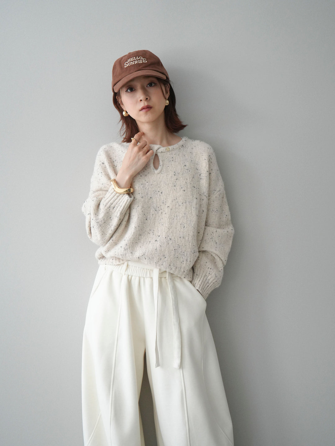 [SET]ツイストネックラメネップヤーンニットプルオーバー+ウエストベルトカーブラインスエットパンツ(2set)