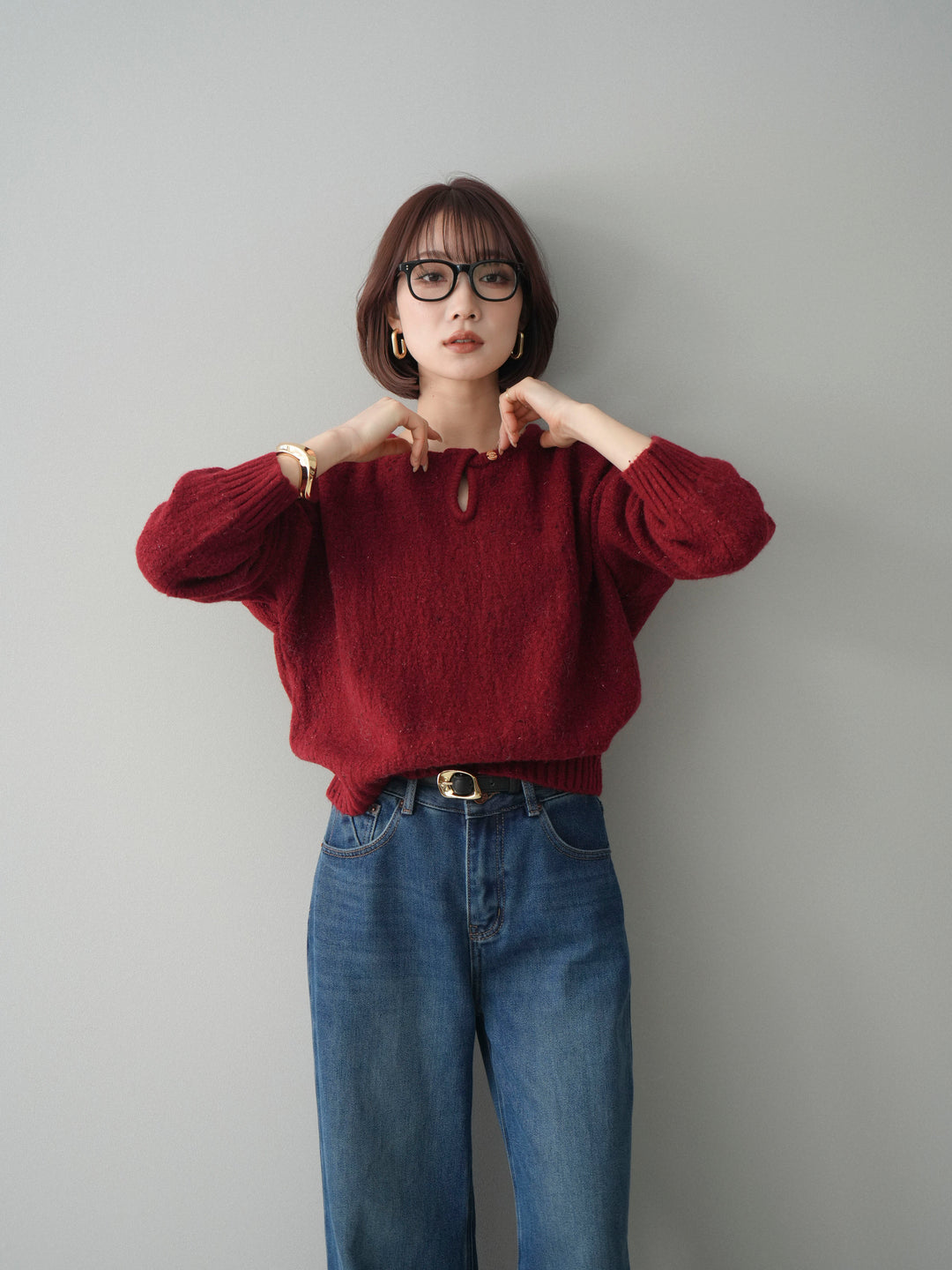 [SET]ツイストネックラメネップヤーンニットプルオーバー+選べるアクセセット(2set)