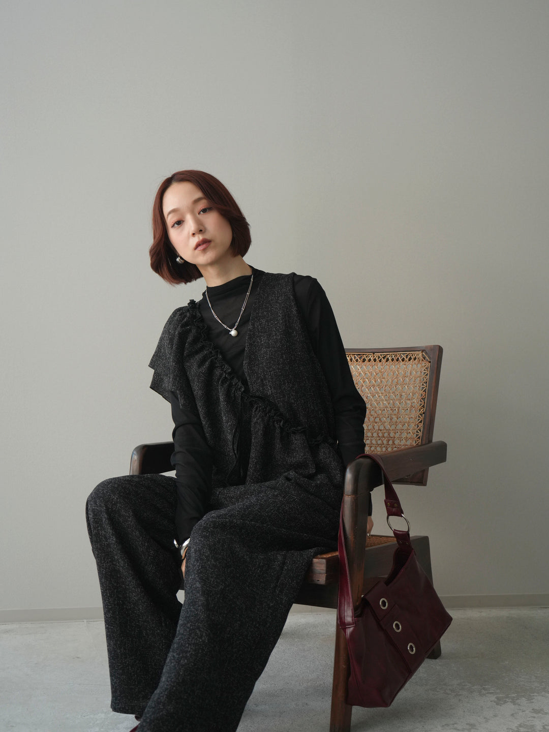 [SET]3WAYミックスツイードギャザーオールインワン+シアープチネックストレッチトップス(2set)