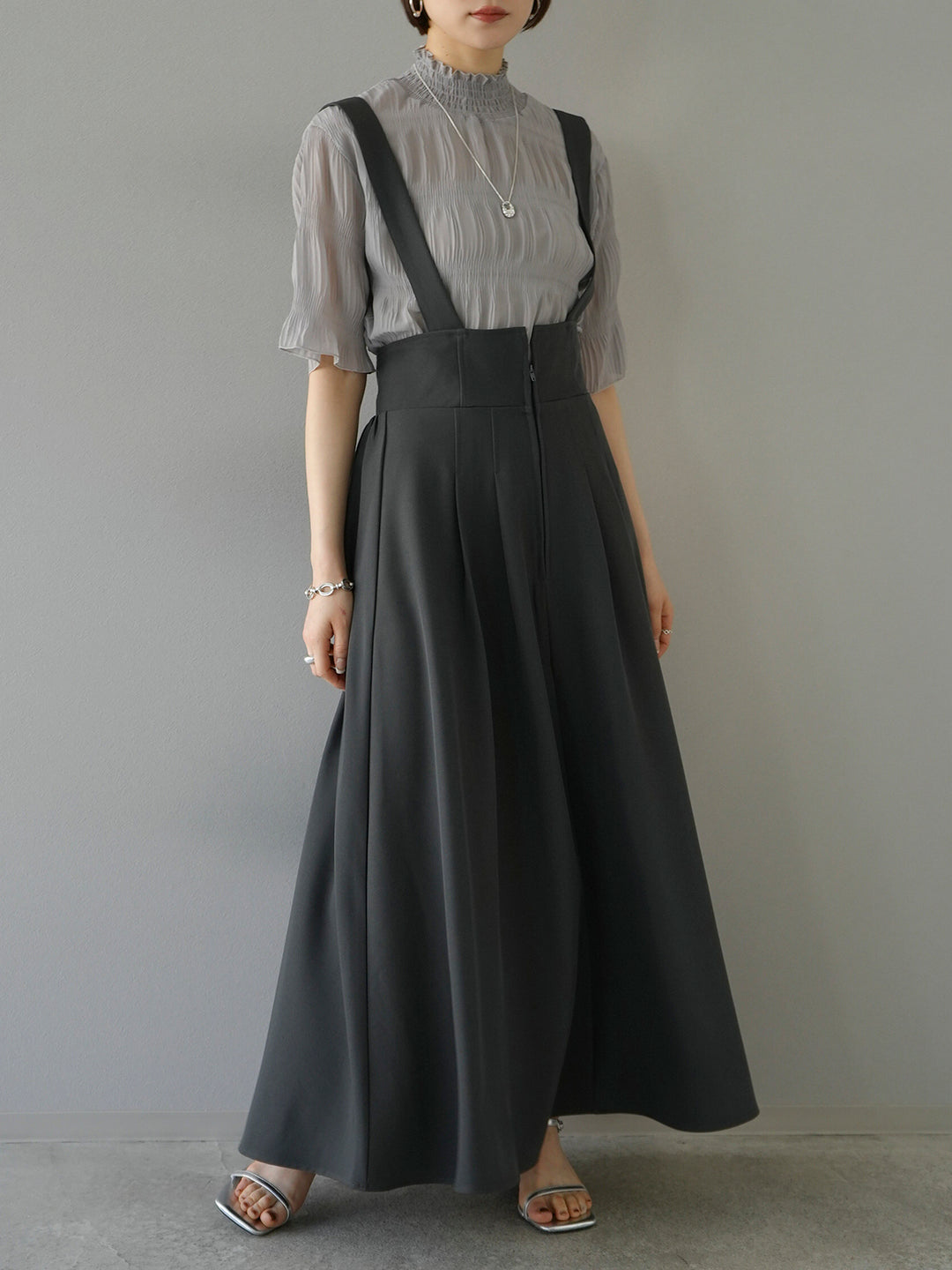 [SET] Shirring chiffon half sleeve blouse + 2WAY flare jumper skirt (2set)