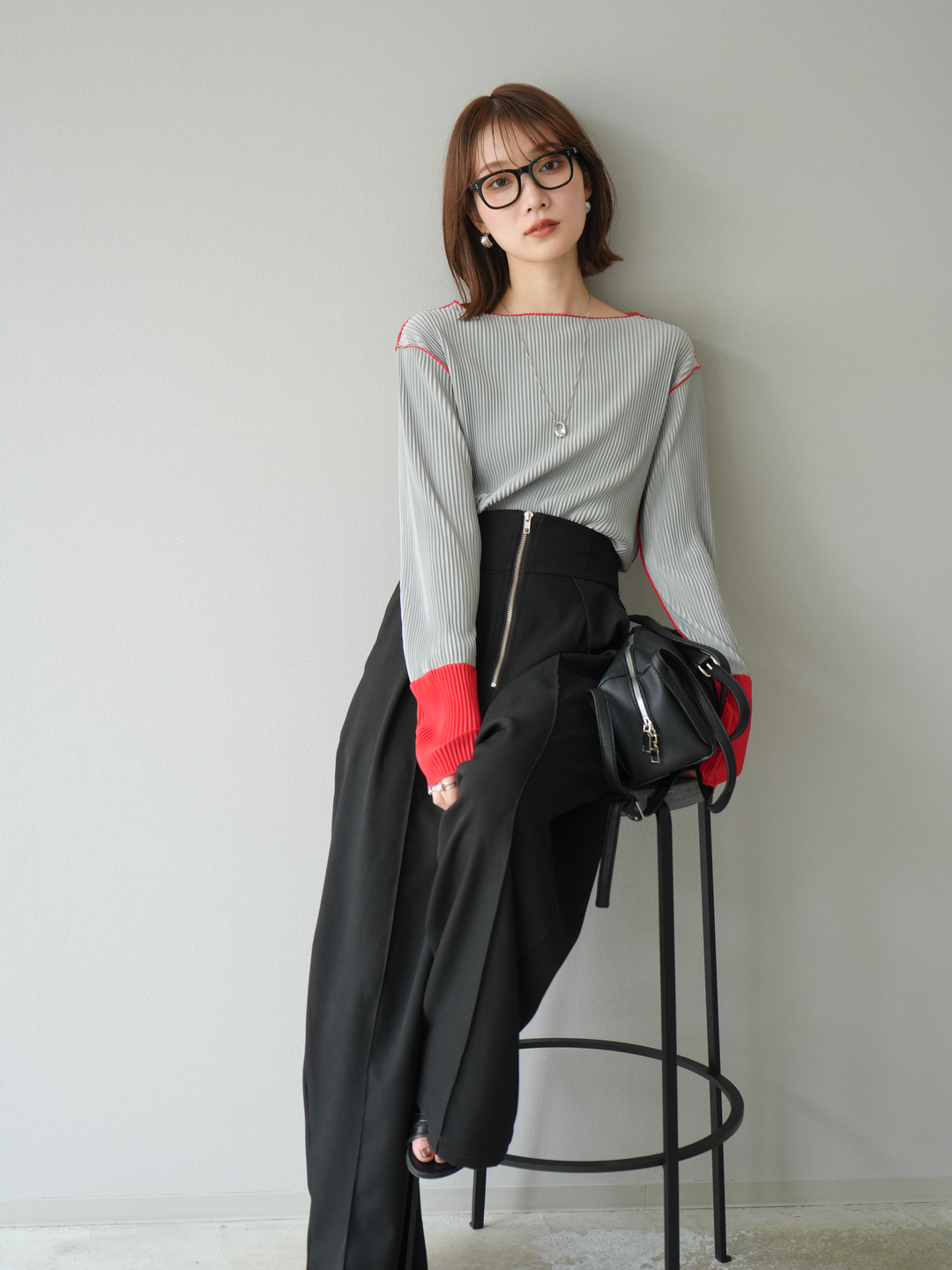 [予約]バイカラープリーツトップス/グレー