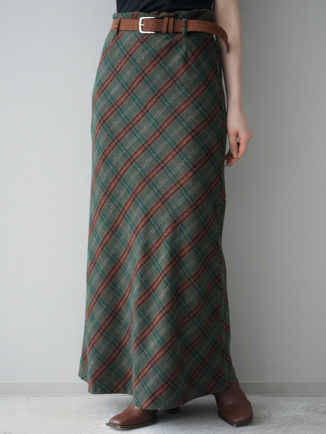[予約]ベルト付チェック柄ナロースカート/green