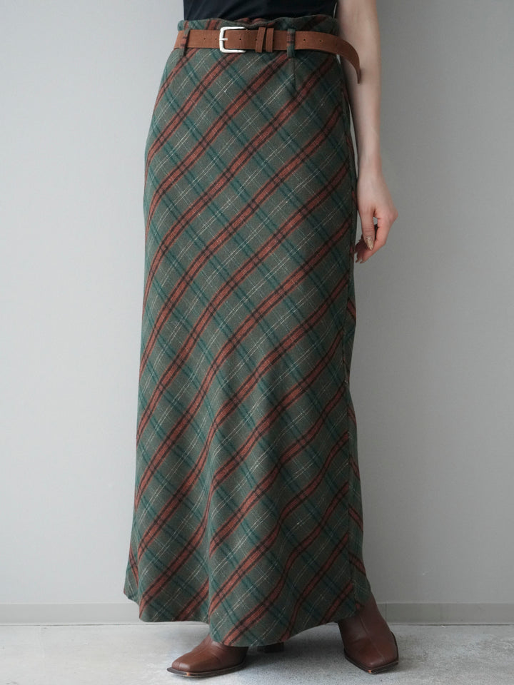 [予約]ベルト付チェック柄ナロースカート/green