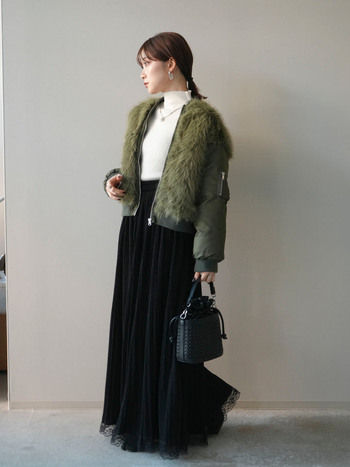 [SET]ファードッキングMA-1+袖ボタンボトルネックリブニットトップス+裾レーススウェードプリーツマキシスカート(3set)