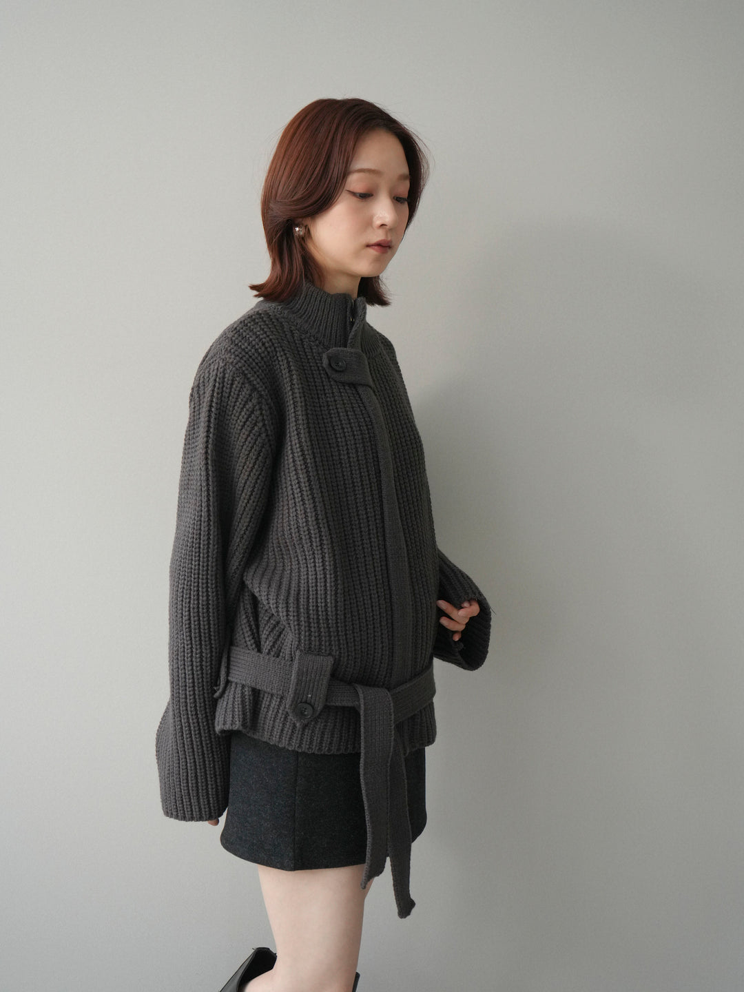 [予約]畦編みボトルネックZIPニットカーディガン/ gray