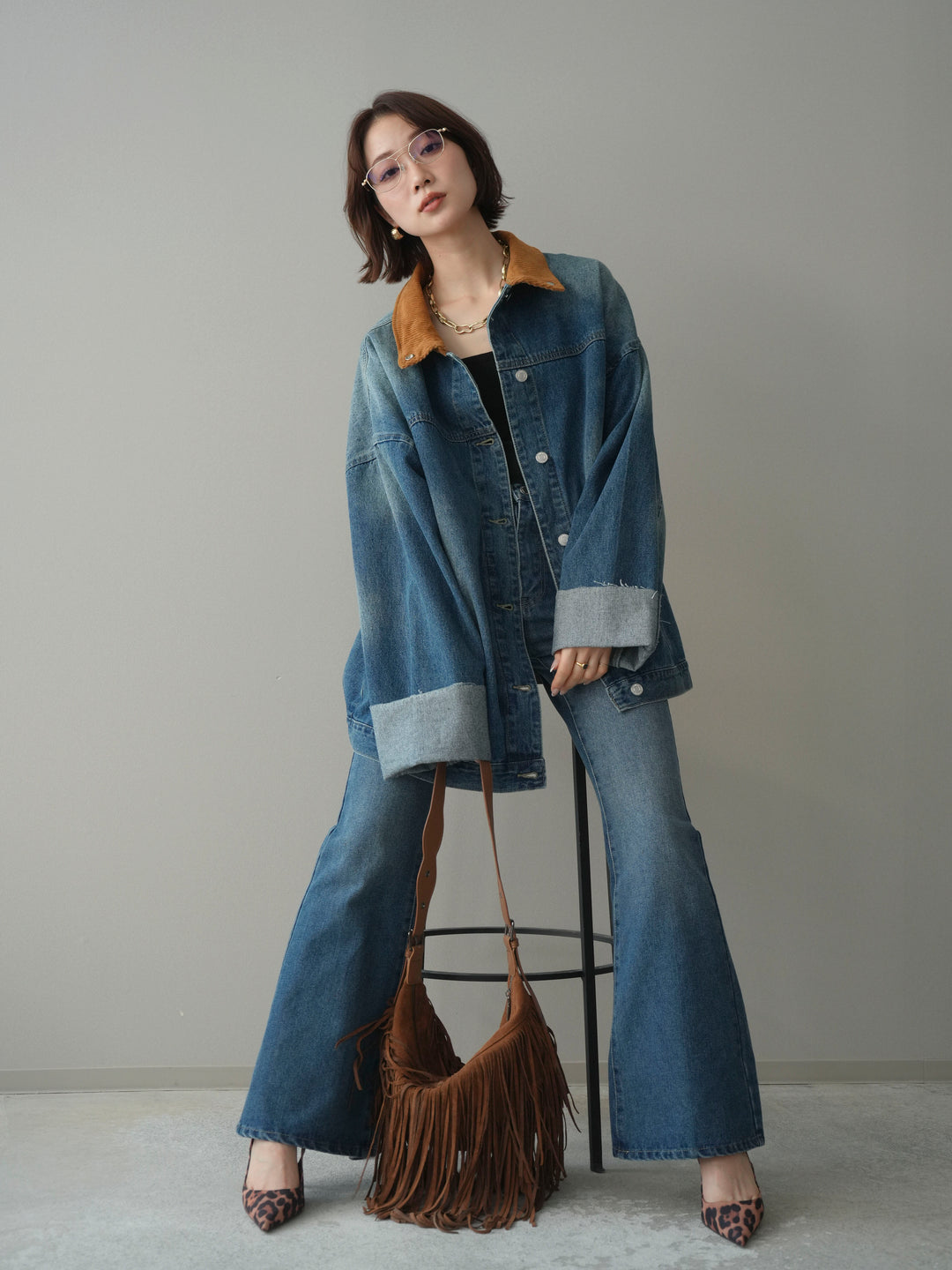 [SET]コーデュロイ×デニムミドルジャケット+フレアデニムパンツ(2set)