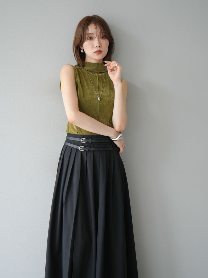 [SET]シアーベロアプチネックノースリーブトップス+エステルプリーツスリットスカート(2set)