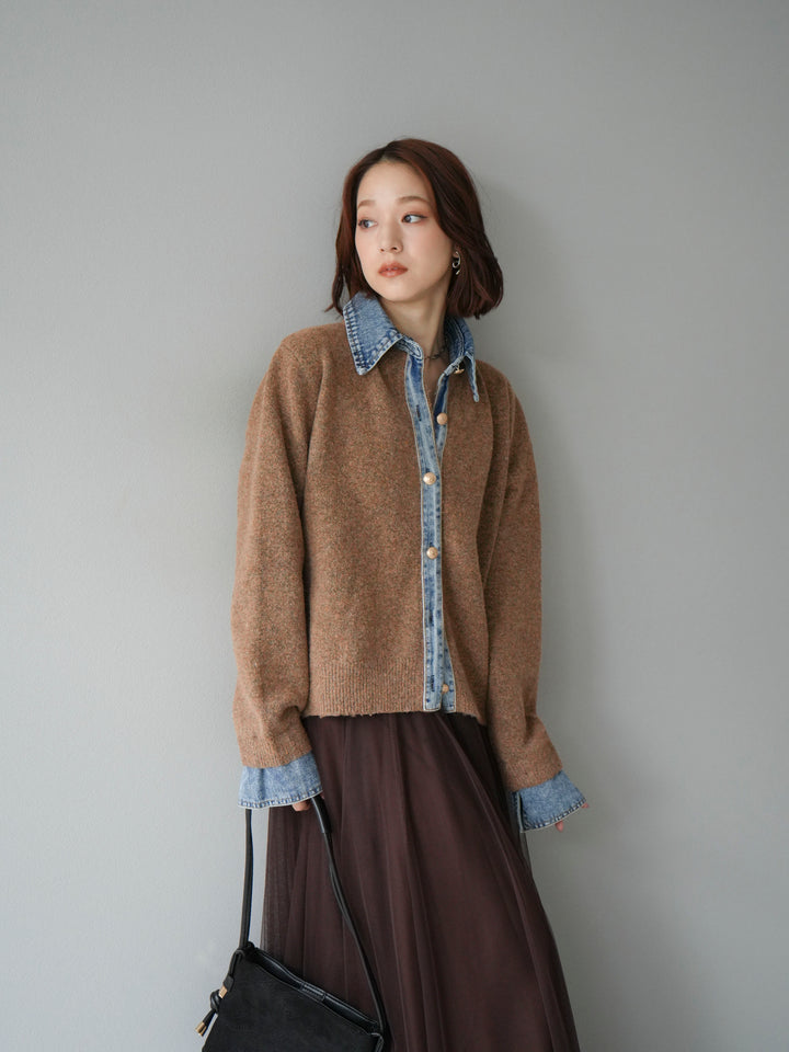 【預購】牛仔領紐扣針織開襟衫/駝色