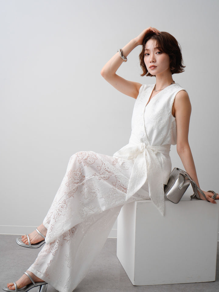 【套裝】蕾絲不對稱背心和透視蕾絲束腰褲套裝（2套）+不對稱一觸手手鐲（2套）