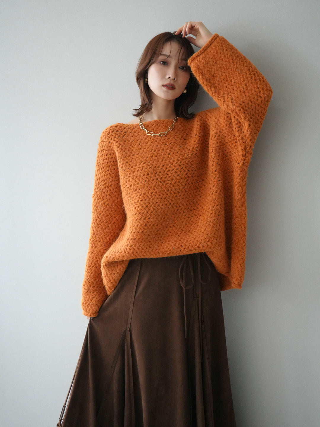 [予約]ワッフル編みオーバーニットプルオーバー/mustard