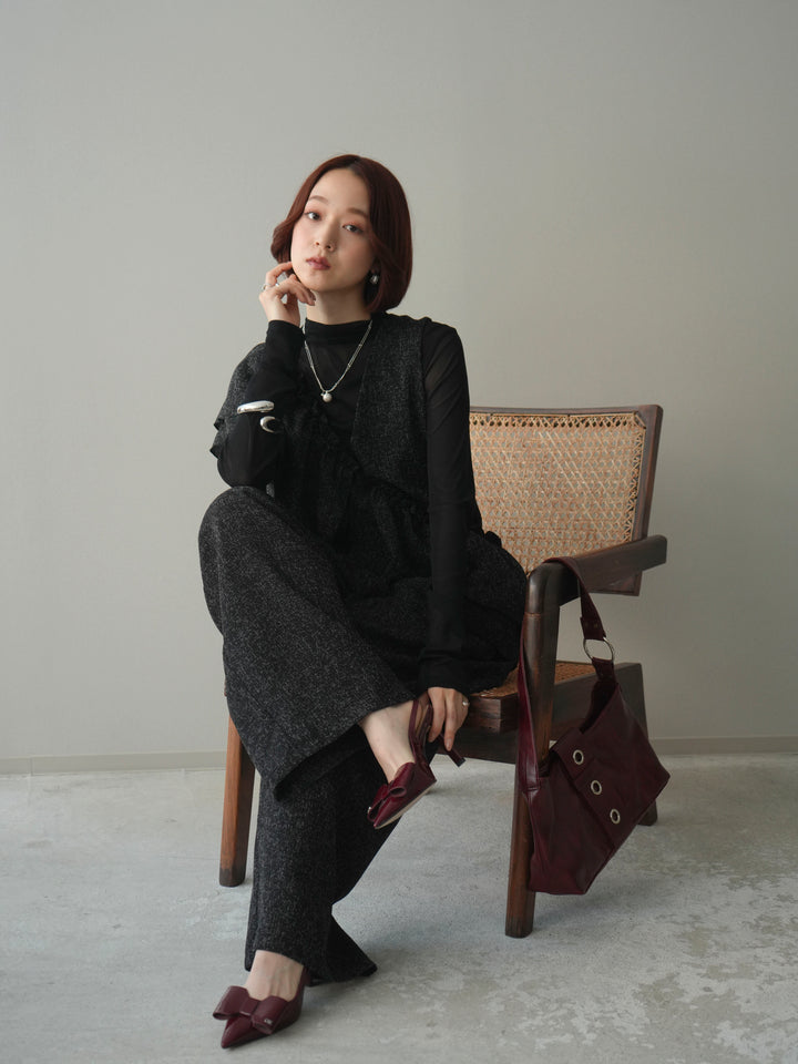 [SET]3WAYミックスツイードギャザーオールインワン+シアープチネックストレッチトップス(2set)