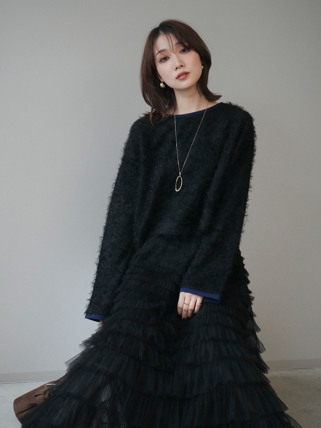 [予約]バイカラー2WAYシャギーニットカーディガン/black