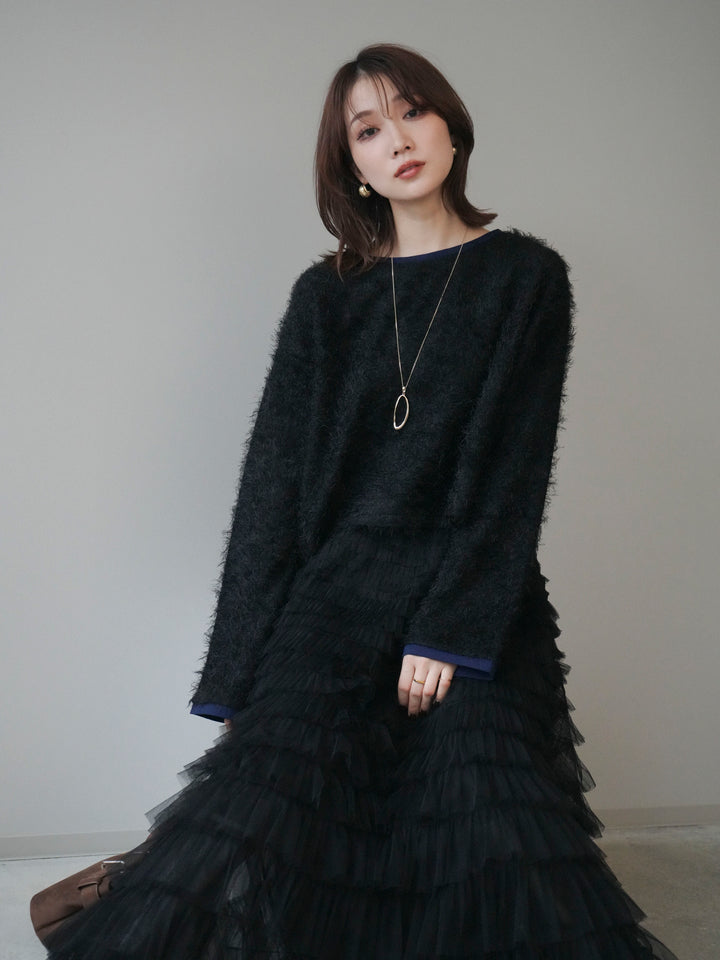 [予約]バイカラー2WAYシャギーニットカーディガン/black