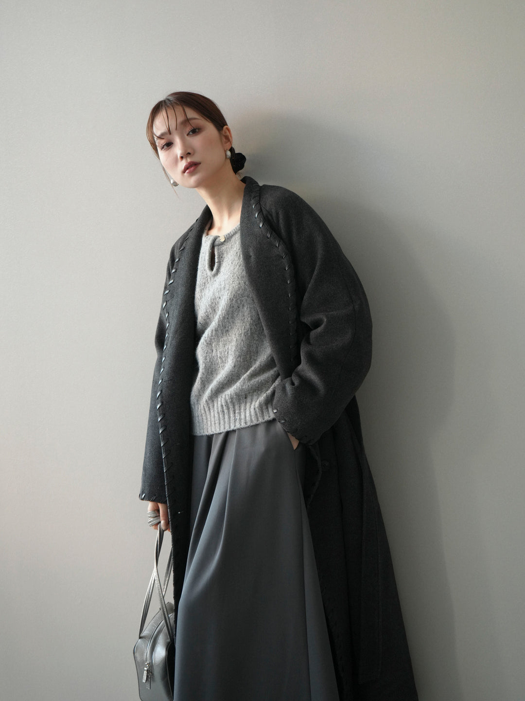 [SET]ハンドステッチ裏中綿ロングコート+テープベルトタックバギーパンツ(2set)