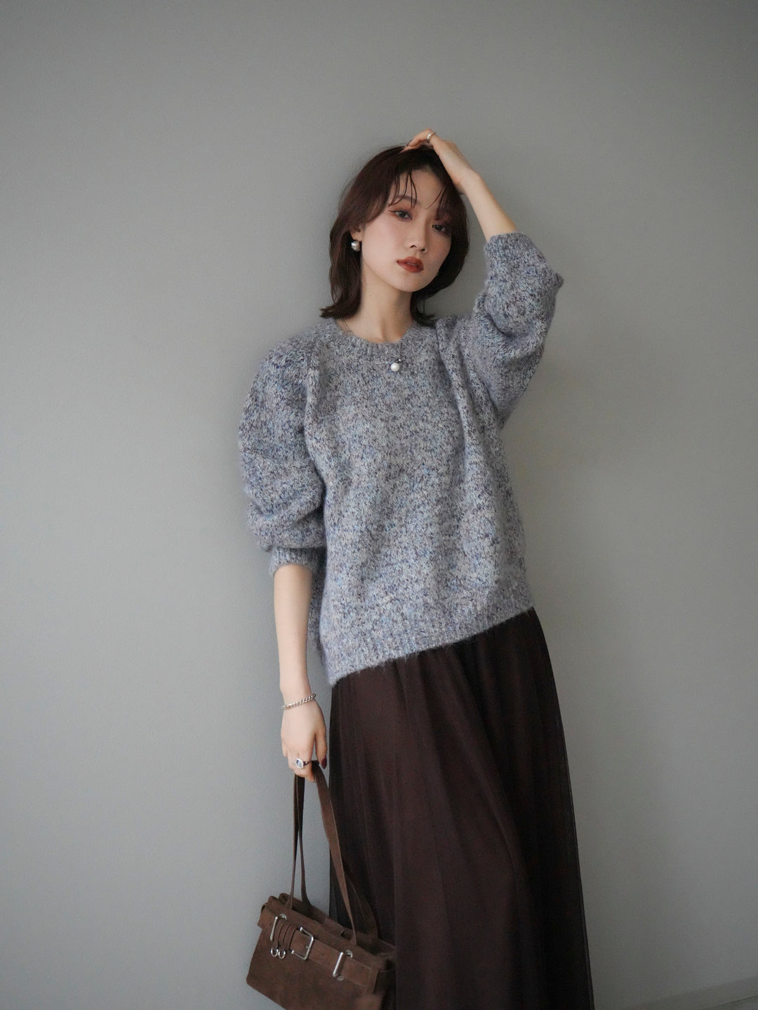 [SET]ロゴラベルミックスヤーンニットプルオーバー+選べるアクセセット(2set)