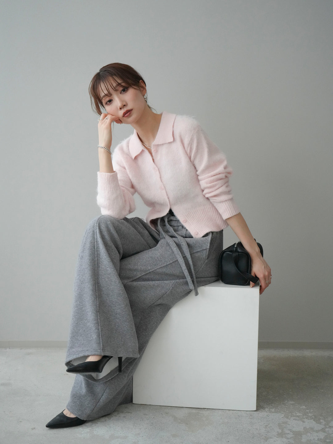 [予約]モヘア衿付きボタンプルオーバー/pink