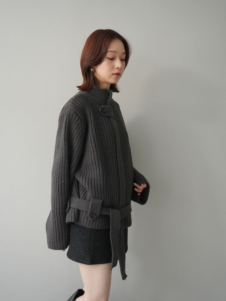 [予約]畦編みボトルネックZIPニットカーディガン/ gray