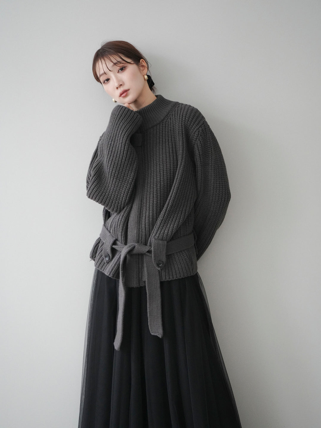 [予約]畦編みボトルネックZIPニットカーディガン/ gray