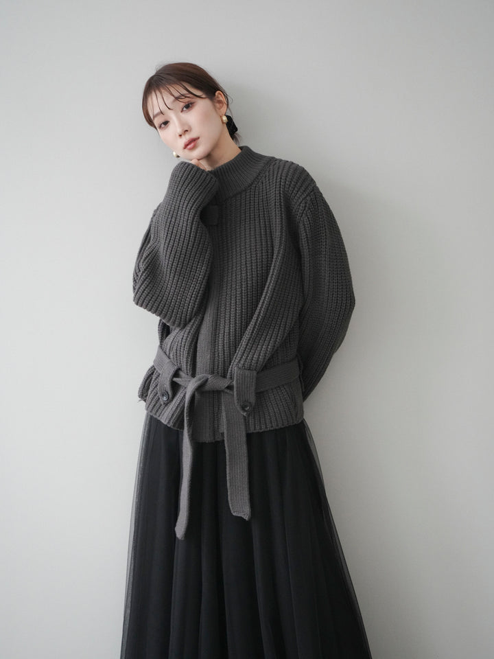 [予約]畦編みボトルネックZIPニットカーディガン/ gray