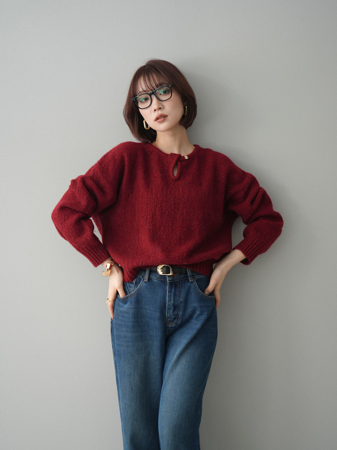 [SET]ツイストネックラメネップヤーンニットプルオーバー+選べるアクセセット(2set)