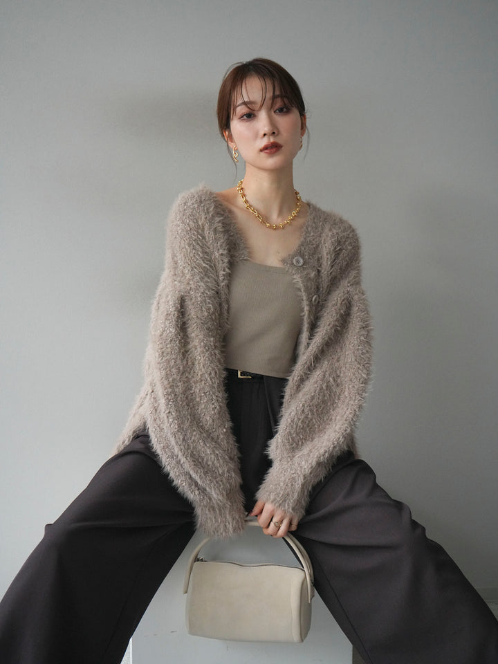 [SET]クルーネックランダムシャギーカーディガン+ベルトループデザインワイドパンツ(2set)