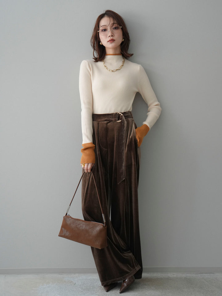 [SET]袖ボタンハイネック配色リブニットトップス+ベロアベルトスリムパンツ(2set)