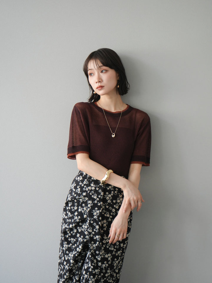 [SET]リネンタッチ配色二重臼ハーフニットトップス+選べるアソート柄スカートセット(2set)