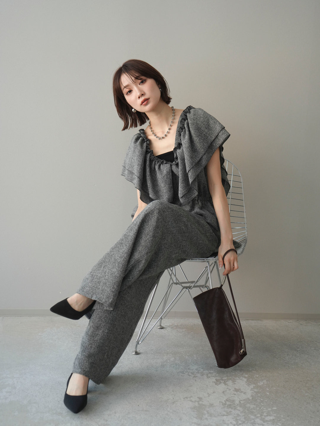 [SET]3WAYミックスツイードギャザーオールインワン+選べるアクセセット(2set)