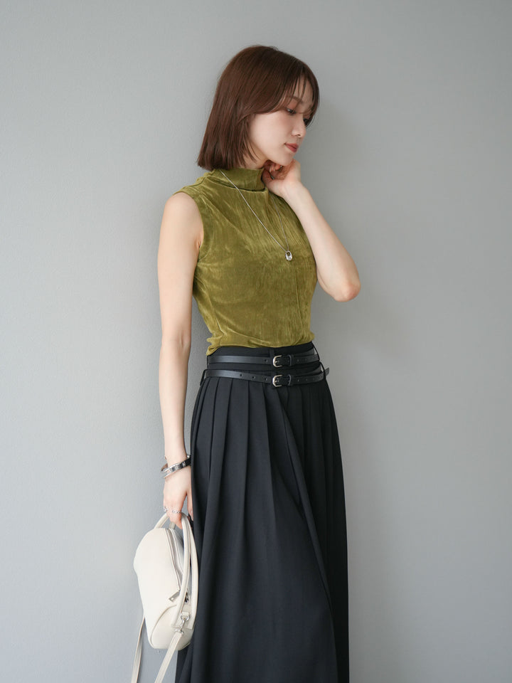 [SET]シアーベロアプチネックノースリーブトップス+エステルプリーツスリットスカート(2set)