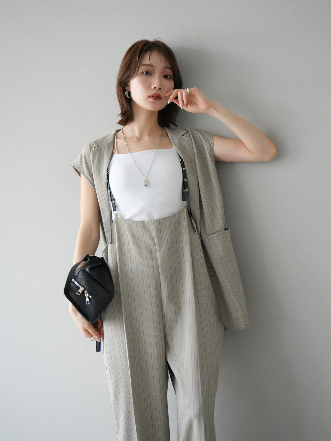 [SET]ヘリンボーンストライプジレ+ヘリンボーンストライプサロペット(2set)