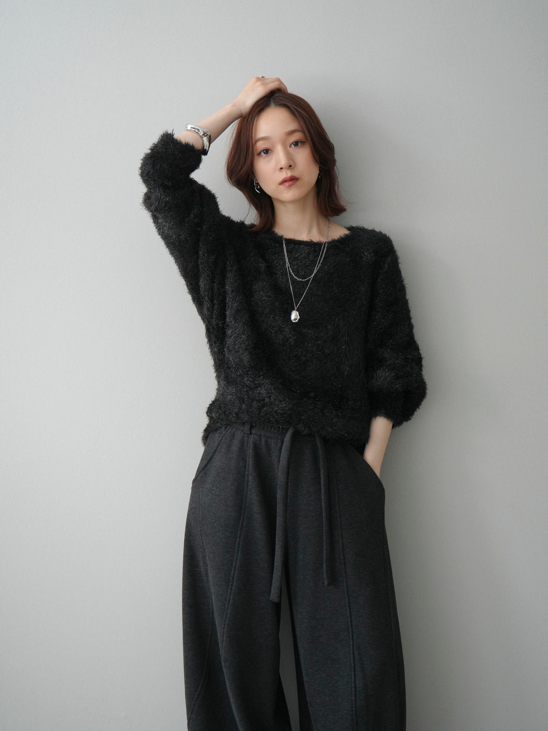 [予約]ラメシャギードルマンニットプルオーバー/black