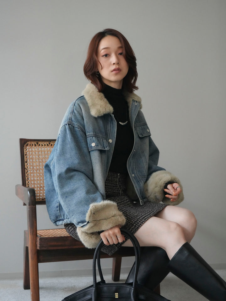 [予約]デニム×ファーステンカラーショートジャケット/lightblue