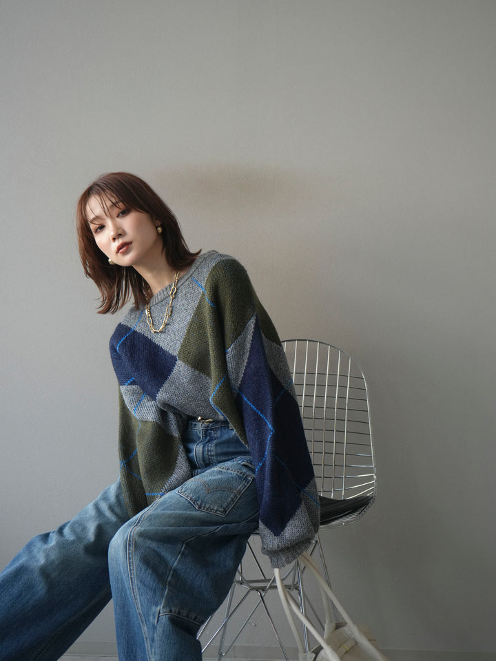 [予約]配色ステッチアーガイル柄ニットプルオーバー/gray