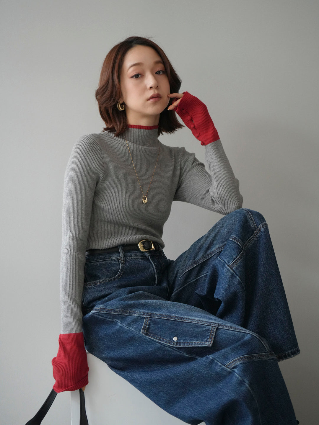 [SET]袖ボタンハイネック配色リブニットトップス+袖ボタンハイネック配色リブニットトップス(2set)