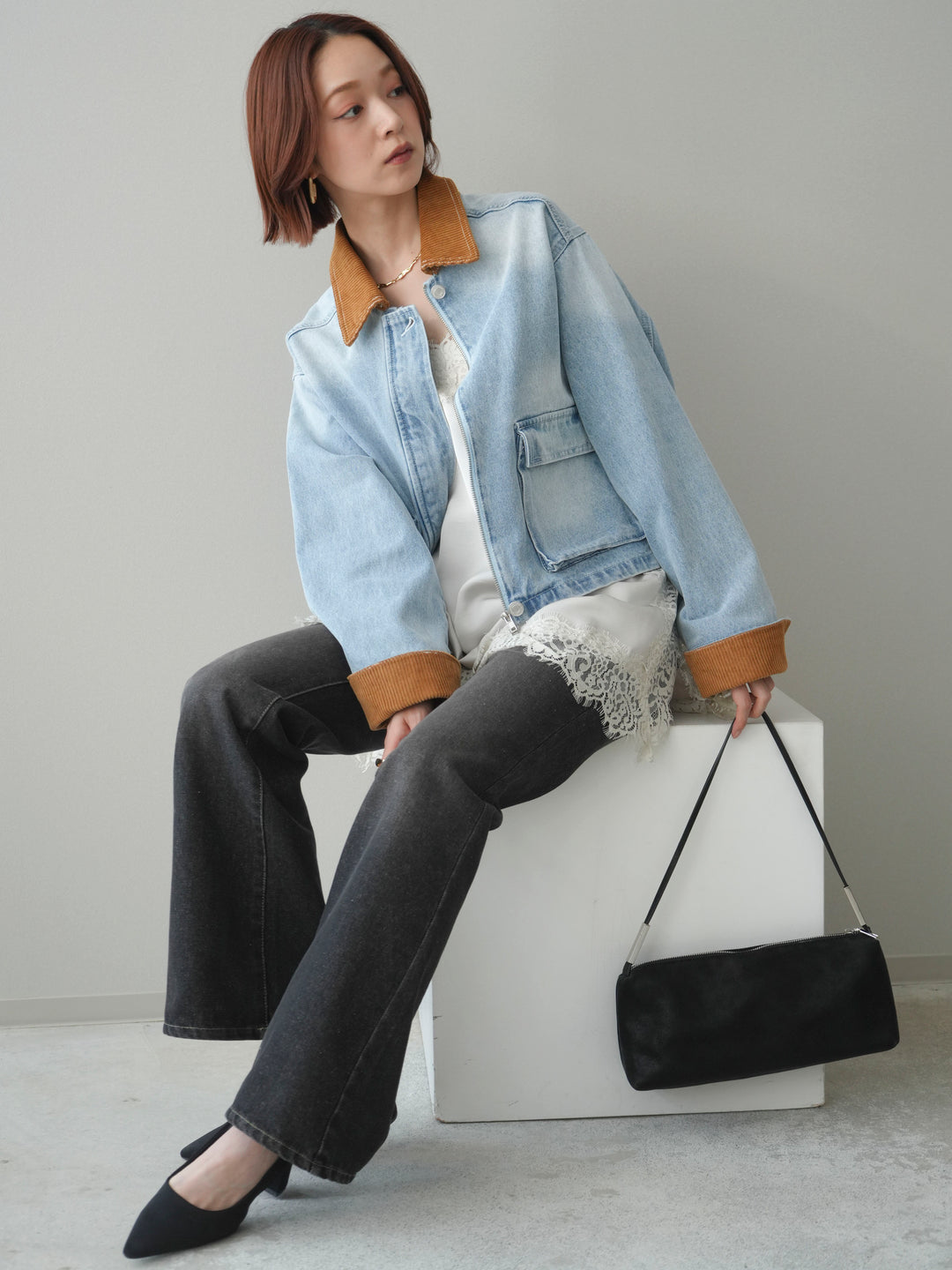 [予約]コーデュロイ×デニムショートカバーオール/bleach