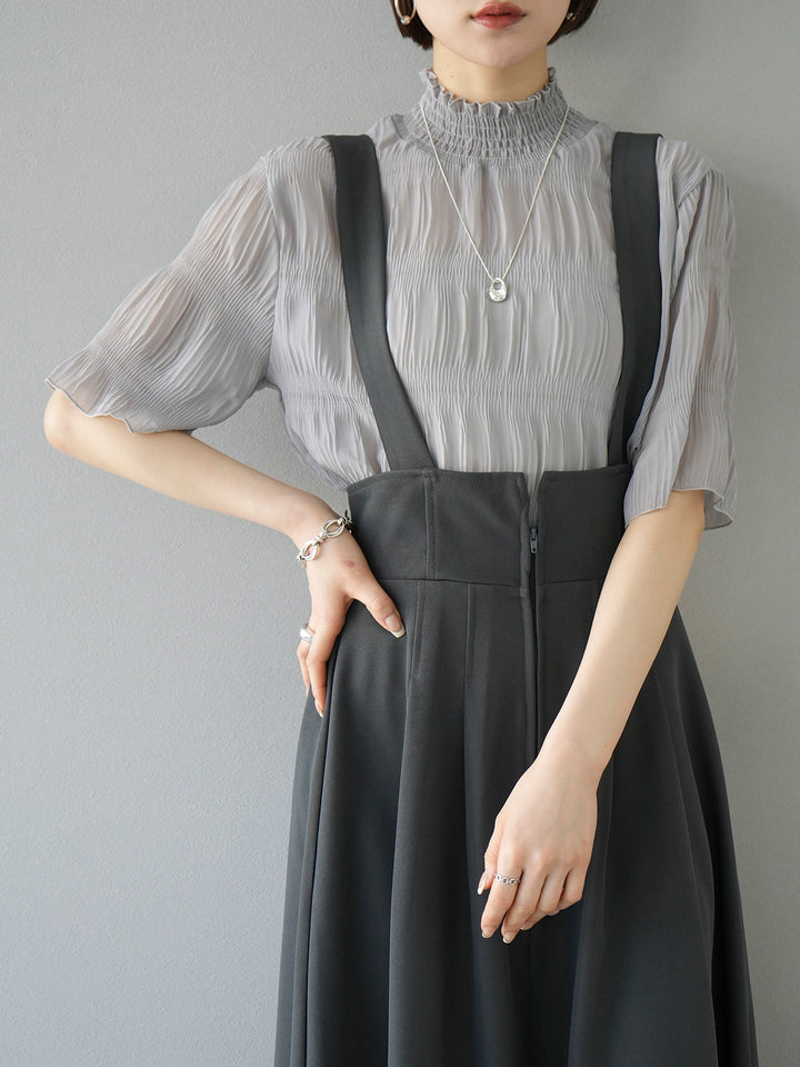 [SET] Shirring chiffon half sleeve blouse + 2WAY flare jumper skirt (2set)