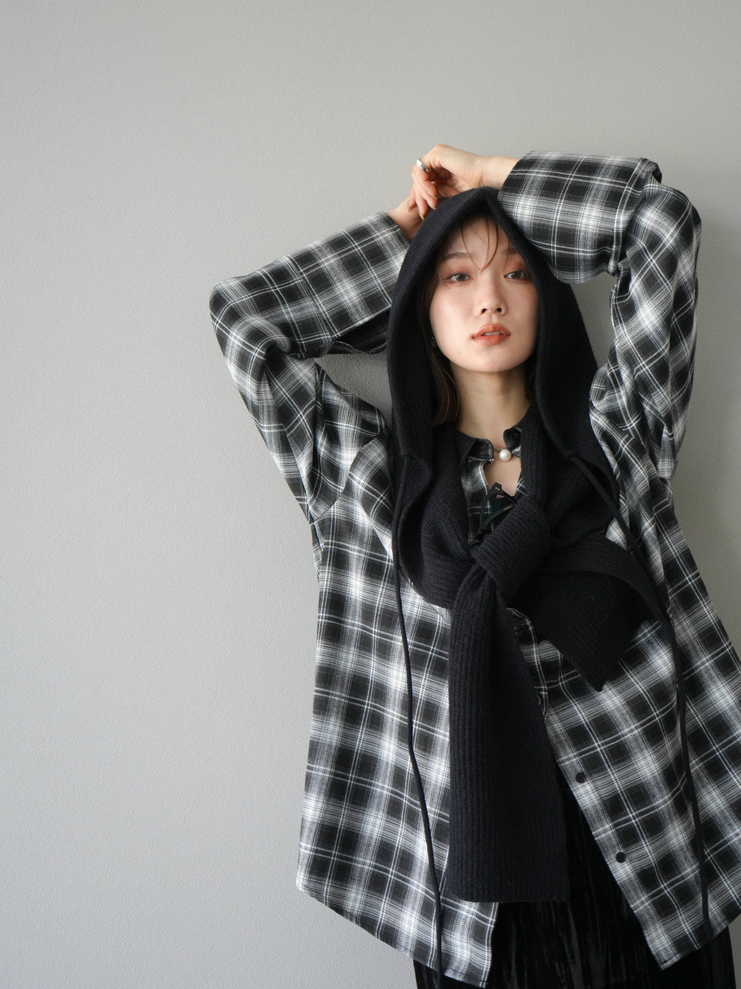 [SET]レザー襟オンブレチェックオーバーシャツ +クラッシュベロアナロースカート(2set)