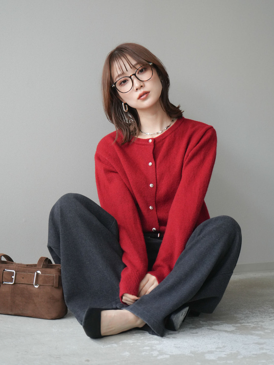 [SET]アンティークボタンニットカーディガン+アニマル柄ベルト付きウールタッチワイドパンツ(2set)