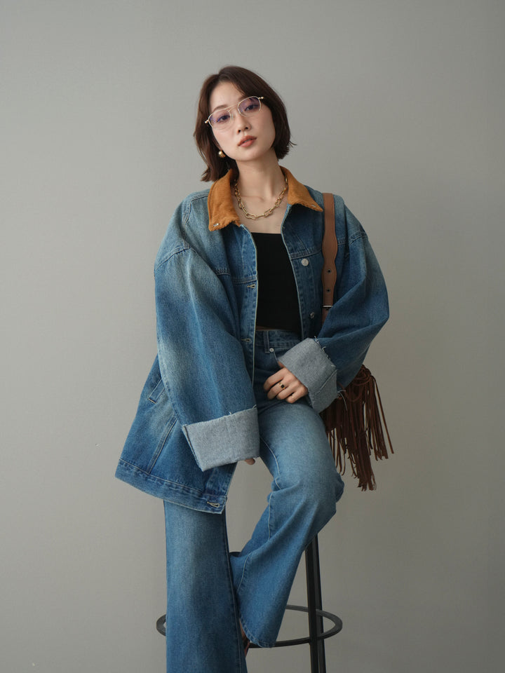 [SET]コーデュロイ×デニムミドルジャケット+フレアデニムパンツ(2set)