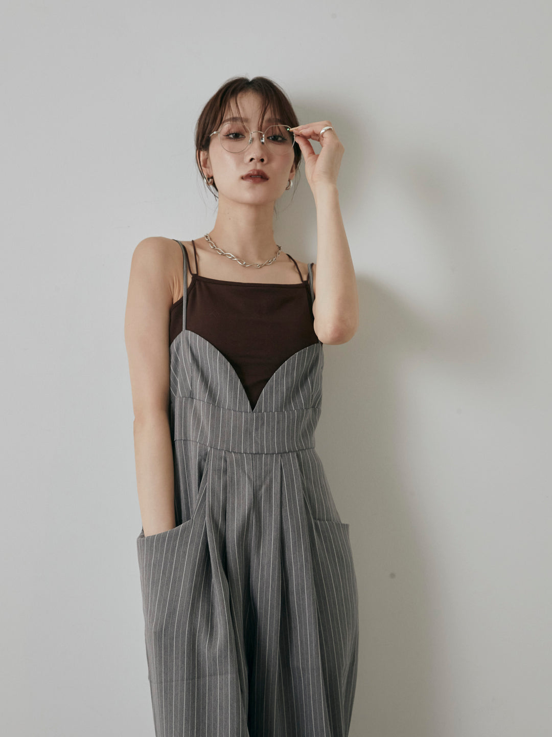 [予約]ヘリンボーンストライプサロペット/チャコール